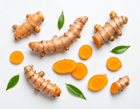 Fresh turmeric root and slices on white background. Top view.の素材