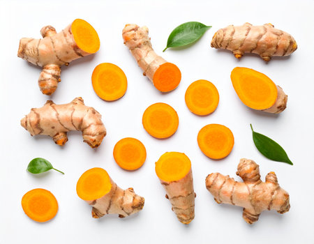 Fresh turmeric on white background, top view. Flat lay.の素材
