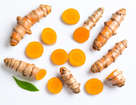 Fresh turmeric root and slices on white background. Top view.の素材