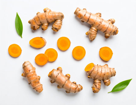 Fresh turmeric root and slices on white background. Top view.の素材