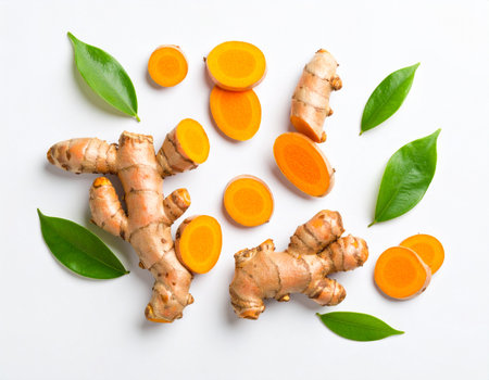 Fresh turmeric with green leaves on white background. Top view.の素材