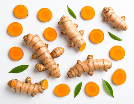 Fresh turmeric with slices and leaves on white background, top viewの素材