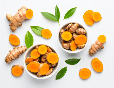 Fresh turmeric roots and slices isolated on white background, top viewの素材