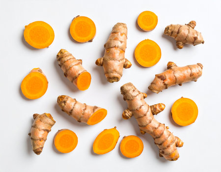 Fresh turmeric on white background. Top view. Flat lay.の素材