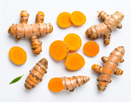 Fresh turmeric root and slices on white background. Top view.の素材