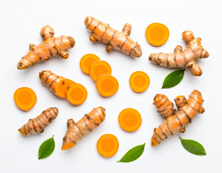 Fresh turmeric on white background. Top view. Flat lay.の素材