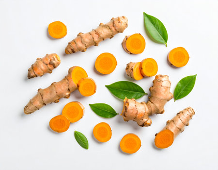 Fresh turmeric with slices and leaves on white background, top viewの素材