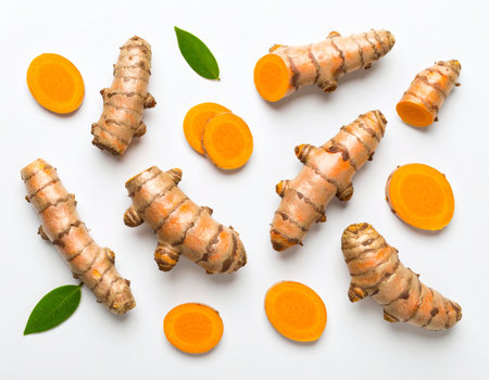 Fresh turmeric root and slices on white background. Top view.の素材