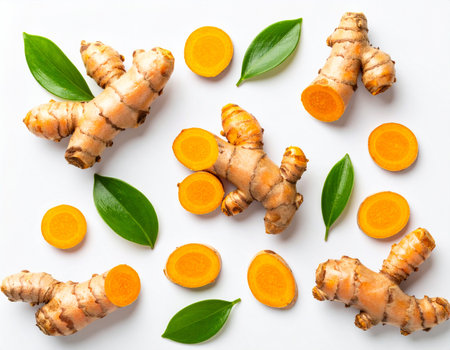 Fresh turmeric with leaves isolated on white background. Top view.の素材
