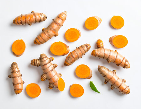 Fresh turmeric root and carrot slices on white background, top viewの素材