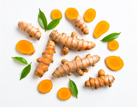 Fresh turmeric on white background. Top view. Flat lay.の素材
