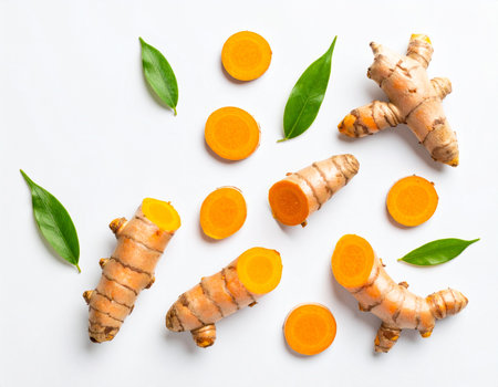 Fresh turmeric root and slices on white background. Top view.の素材