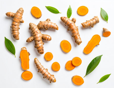 Fresh turmeric on white background. Top view. Flat lay.の素材
