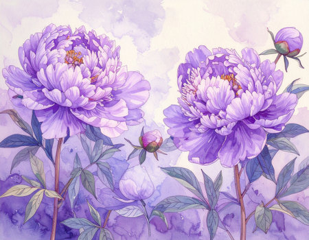 Beautiful peony flowers on a watercolor background. Hand drawn illustration.の素材