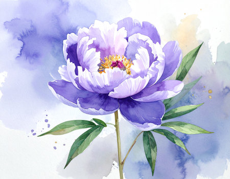 Purple peony flower on watercolor background. Hand drawn illustrationの素材