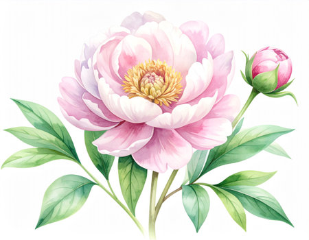 Peony flowers with green leaves, watercolor illustration on white backgroundの素材