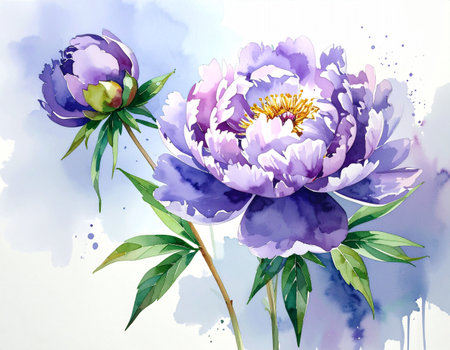 Purple peony flowers on a white background. Watercolor illustrationの素材