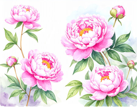 Peony flowers on a white background. Watercolor hand-drawn illustrationの素材