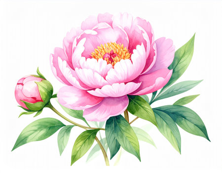 Beautiful pink peony flower with green leaves, watercolor illustrationの素材