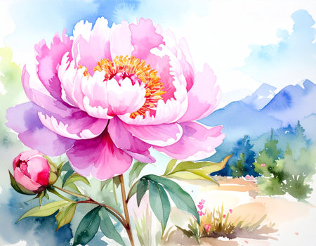Beautiful peony flowers on a background of mountains. Watercolor illustrationの素材