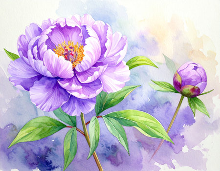 Beautiful purple peony flower. Watercolor painting on paper.の素材
