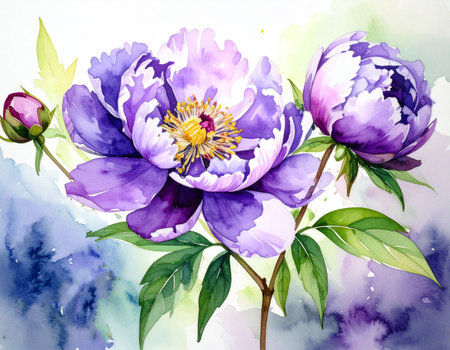 Watercolor purple peony flowers on a white background. Hand drawn illustrationの素材