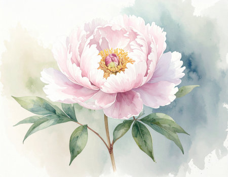 Watercolor pink peony flower on a white background. Illustrationの素材
