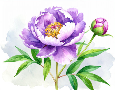 Purple peony flower. Watercolor hand drawn illustration on white backgroundの素材