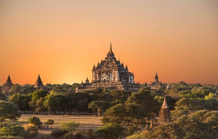 Sunset at Ancient Temples in Bagan, Myanmar,Silluateの写真素材