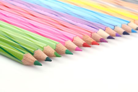 Close up of a row color pencil on white backgroundの写真素材