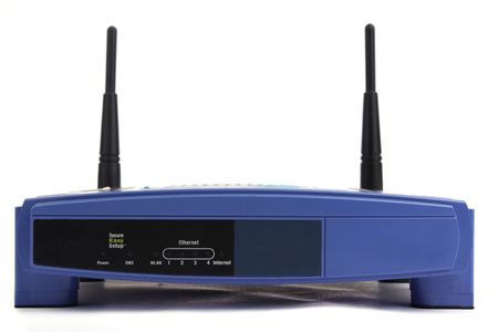 close up blue wireless modem isolated on white backgroundの写真素材
