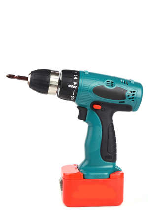 Cordless Drill with battery isolated on white backgroundの写真素材
