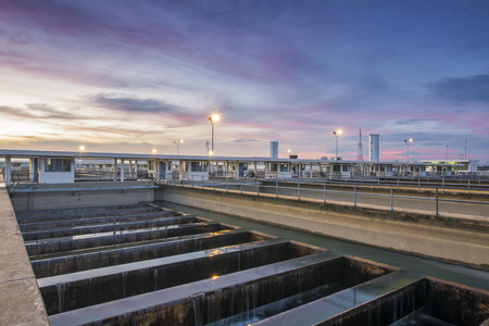 sand filtration tank at water treatment plant with twilight skyの写真素材