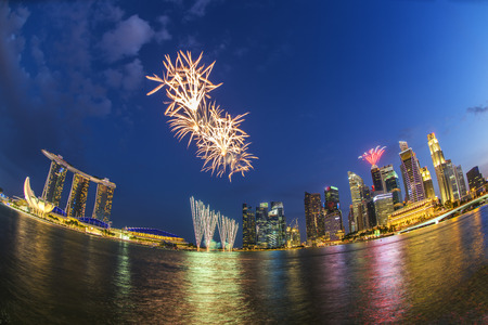 Fireworks over Marina bay in Singapore on National dayの写真素材