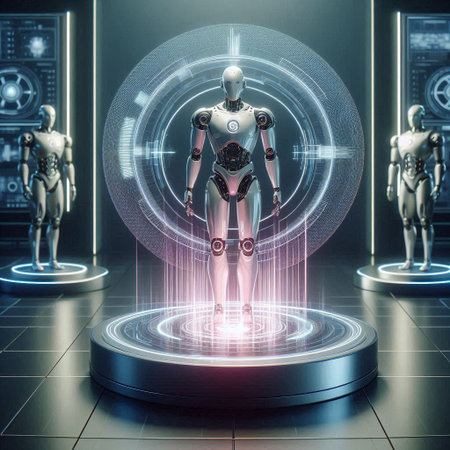 3d rendering humanoid robot with hologram screen in virtual reality conceptの素材
