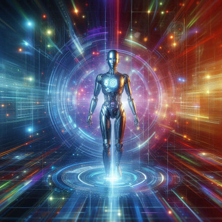 3D rendering of a female robot in front of a futuristic backgroundの素材