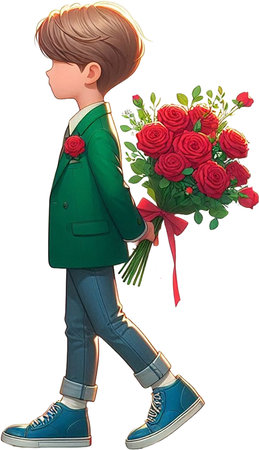 Boy with a bouquet of red roses on a white background.の素材