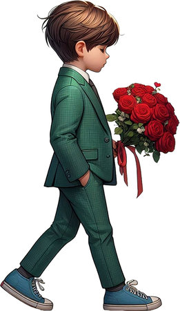 Boy with a bouquet of red roses on a white background.の素材