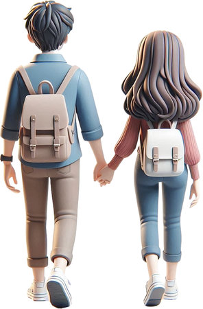 Back view of a man and woman wearing casual clothes holding hands.の素材