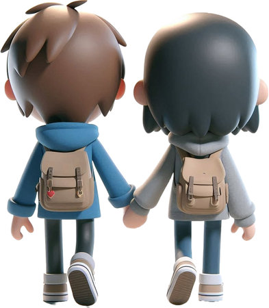 Two boys holding hands and looking at each other, 3d renderの素材