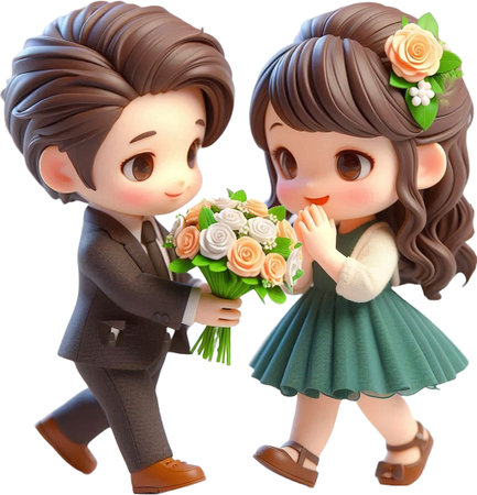 Couple in love holding a bouquet of flowers. 3d illustration.の素材