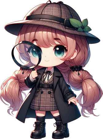 A cute little detective girl is looking through a magnifying glass.の素材