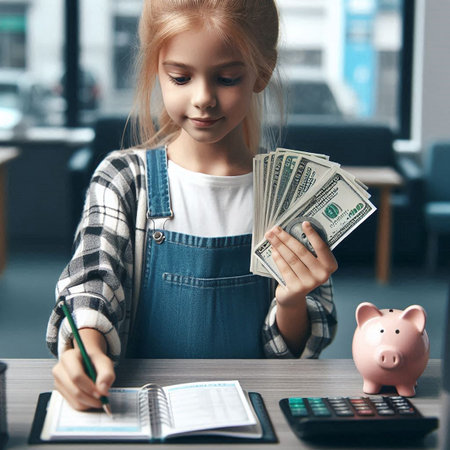 Cute little girl with piggy bank and calculator counting money at homeの素材