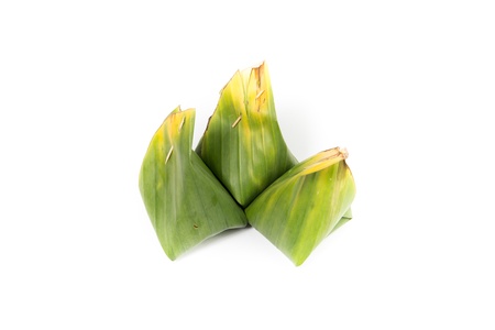 Thailand dessert.Sticky rice Steamed custard and  Sticky rice Fish.Thailand dessert wrapped in banana leaves isolated on white backgroundの写真素材