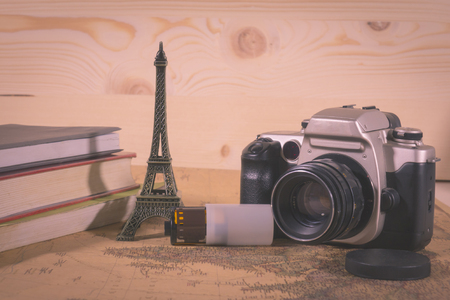 Travel film camera travels on the map  Backgroundの写真素材