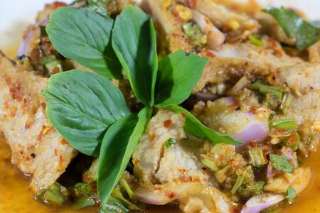 Close up of sliced grilled pork salad Iの写真素材