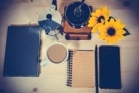 Travel Photography Relax with fresh coffee.  with a vintage grinderの写真素材