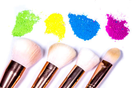 Colorful make-up with make-up brushes isolated on a white background.の写真素材