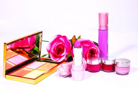 Pink rose lipstick Make up cosmetic isolated on white background.の写真素材