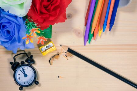 pencil and Crayon On a wooden backgroundの写真素材